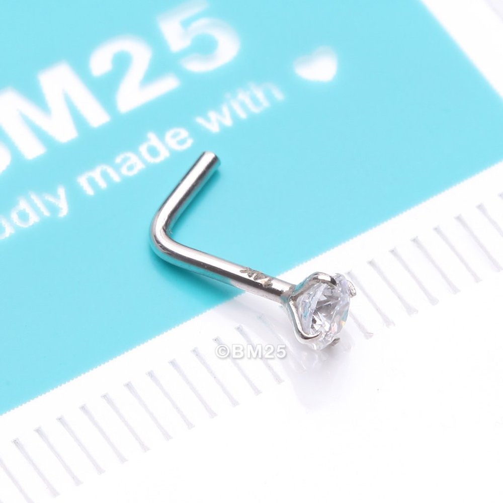 14 Karat White Gold Prong Set Gem Top L-Shaped Nose Ring